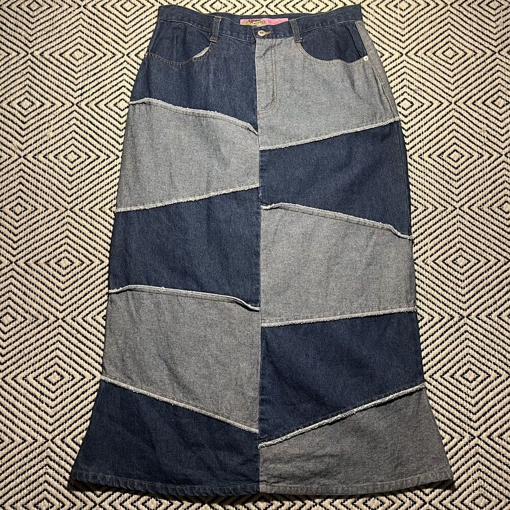 Vintage Y2K 90s Denim Skirt XL 100% cotton Blue Patchwork Long Frayed Grunge